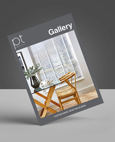 Magazine cover featuring a stylish workspace with desk, chair, plant, and large window with made-to-measure Venetian blinds.
