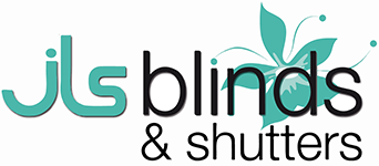 Logo with stylised teal letters JLS and the word blinds in black, with a leaf design in the background.