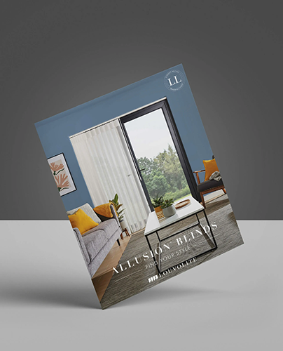 A brochure featuring a modern living room with a blue wall, grey sofa, yellow chairs, a coffee table, and floor-to-ceiling white blinds covering large glass doors with a view of greenery. Text reads Allusion Blinds and Find Your Style.