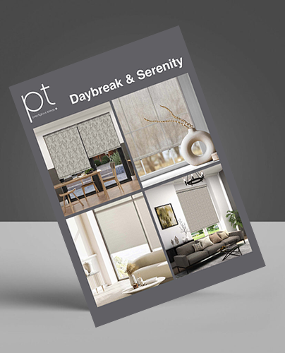 A magazine titled Daybreak & Serenity from PT features four images of stylish window blinds in modern living spaces, displayed against a grey background.