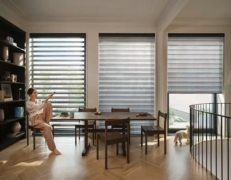 A woman sits on a dining table in a sunlit room with large windows dressed in Pirouette Shades. A small dog stands by a glass door, looking outside. The room features wooden furniture and shelves with decor items.