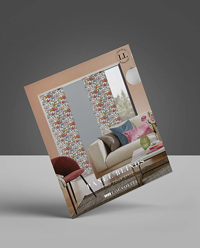 An angled catalogue cover featuring a stylish living room with floral blinds, a beige sofa with colourful cushions, a pink chair, and modern decor. The text reads Taste Blinds and Louvolite.