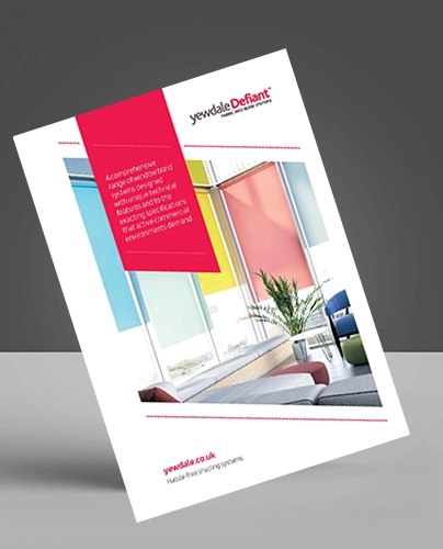 A brochure featuring colourful window blinds in blue, yellow, pink, and red beside a sofa and potted plants, with the yewdale Defiant logo and text in the top right corner.