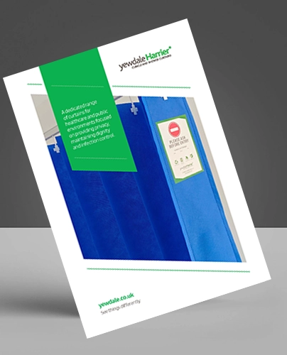 A brochure for YewdaleHarrier featuring blue privacy curtains with a notice sign, alongside commercial blinds, promoting products for healthcare settings to enhance dignity and infection control.