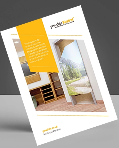 A brochure for yewdale Kestrel featuring a photo of a scenic wall panel and commercial blinds in a modern room, with wooden shelves, white walls, plus the company's logo and website.
