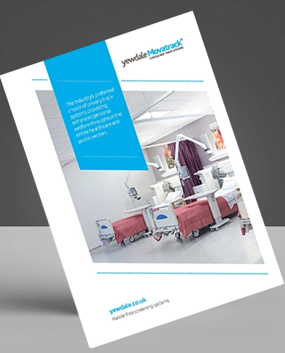 A brochure featuring hospital screening equipment in a clinical room with beds, partitions, and medical devices. The cover highlights Yewdale branding, blue design elements on a grey background, and showcases solutions such as commercial blinds for healthcare settings.