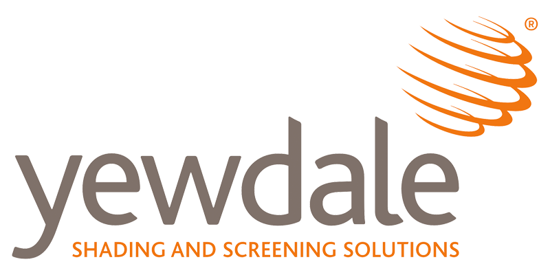Yewdale logo with stylised orange swirl design and the text yewdale in grey and SHADING AND SCREENING SOLUTIONS in orange below it, reflecting expertise in Commercial Blinds.