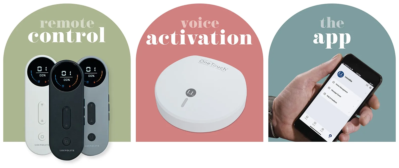 Three panels show ways to control Made to Measure Motorised Blinds Kent: remote controls, a round voice activation device, and a hand holding a smartphone app. The panels are labelled remote control, voice activation, and the app.