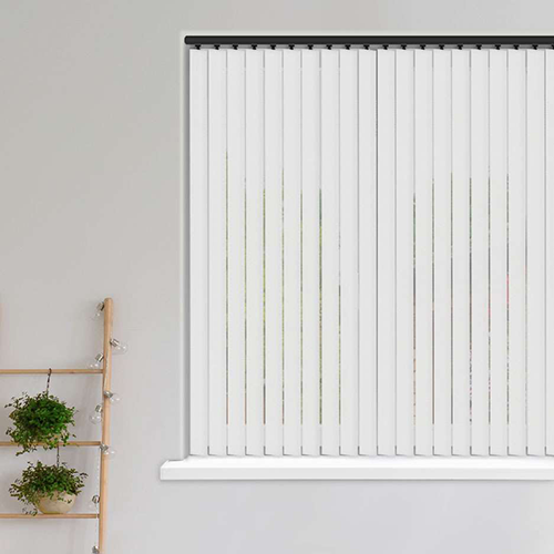 A window with closed made-to-measure vertical blinds is set in a plain wall. To the left, a wooden ladder-style shelf holds three small potted plants. The scene is minimal and tidy.