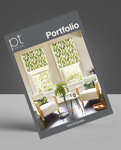 A magazine titled Portfolio with images of a modern living room featuring two windows with leafy green roller blinds, light-coloured chairs, indoor plants, and a small table.