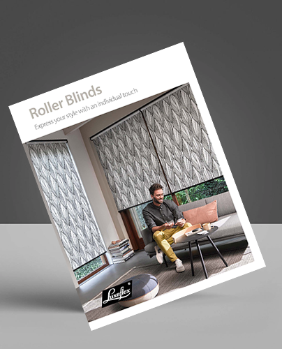 A brochure titled Roller Blinds features a man sitting on a sofa in a modern living room with large windows covered by patterned roller blinds. The tagline reads, Express your style with an individual touch.