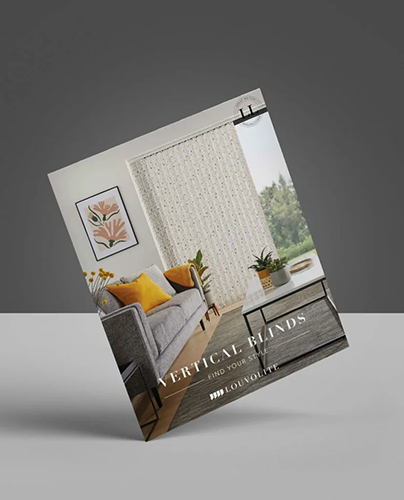 A catalogue cover featuring a modern living room with a grey sofa, yellow cushions, a white coffee table, plants, and vertical blinds on a large window. Text reads: “Vertical Blinds. Find Your Style. Louvolite.”.