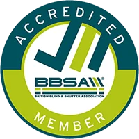 Circular badge with Accredited Member and BBSA (British Blind & Shutter Association) logo in green, blue, and white for JLS Blinds.