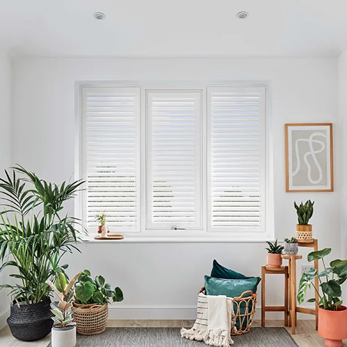 Bright room with a large white JLS Blinds shuttered window, potted plants, basket with cushions, and framed abstract art on the wall.