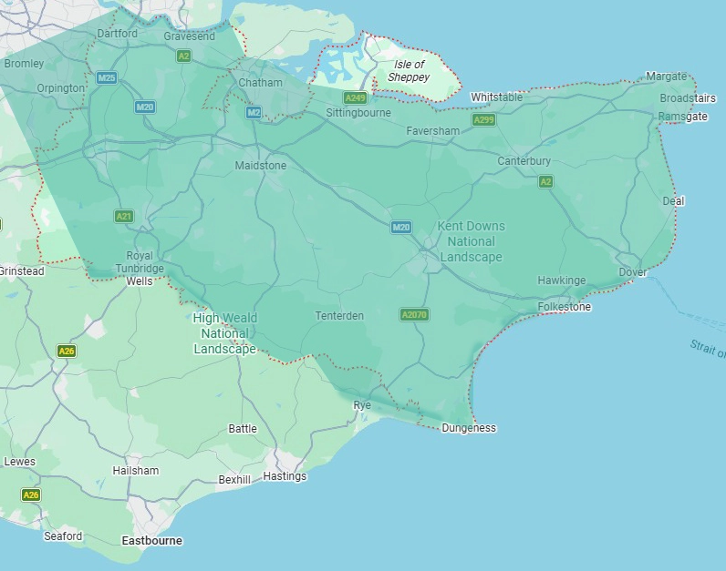Map of southeast England highlighting Kent, showing Areas Covered such as Canterbury, Dover, Maidstone, Ashford, Folkestone, coastal areas, plus High Weald and Kent Downs National Landscapes.