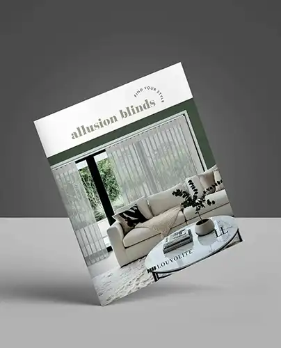 A brochure titled allusion blinds featuring a modern lounge with sheer white blinds, a sofa, and a glass coffee table.