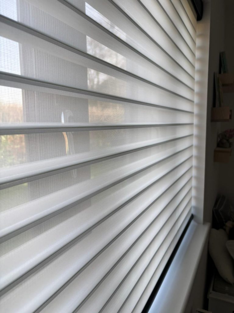 White window blinds partially open, letting in natural light and showing a blurred view of the outdoors and some indoor shelves.