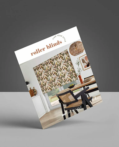 A brochure titled roller blinds featuring a dining area with patterned blinds, wooden chairs, and a woven pendant light.