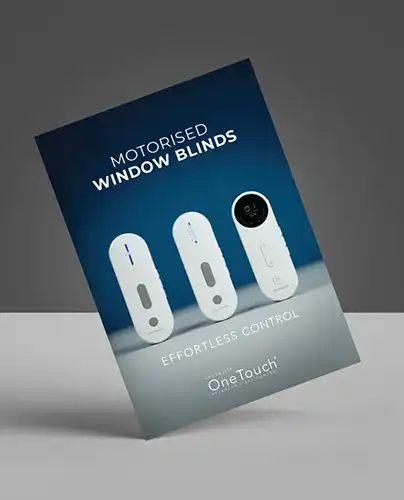 A brochure for motorised window blinds, featuring three remote controls and the text Effortless Control by OneTouch.
