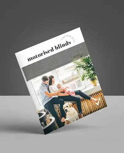 A brochure titled Made to Measure Motorised Blinds Kent shows a family with a baby and dog relaxing by a window fitted with blinds.