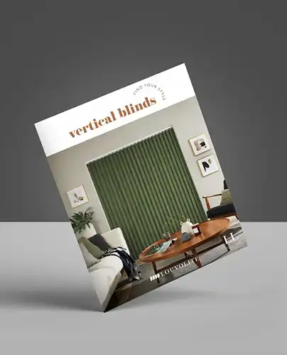 A catalogue titled vertical blinds shows green blinds in a modern living room with a sofa, table, and wall art.