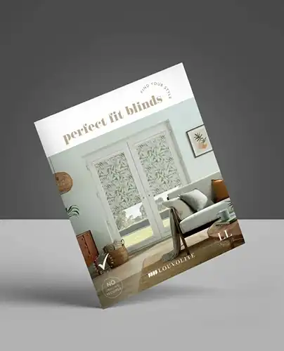 A brochure titled Perfect Fit Blinds featuring a lounge with patterned blinds on French doors.