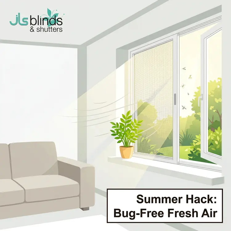 Open window with mesh screen, sunlight, green plant, sofa, and text: “Summer Hack: Bug-Free Fresh Air with Insect Screens for Doors.”.