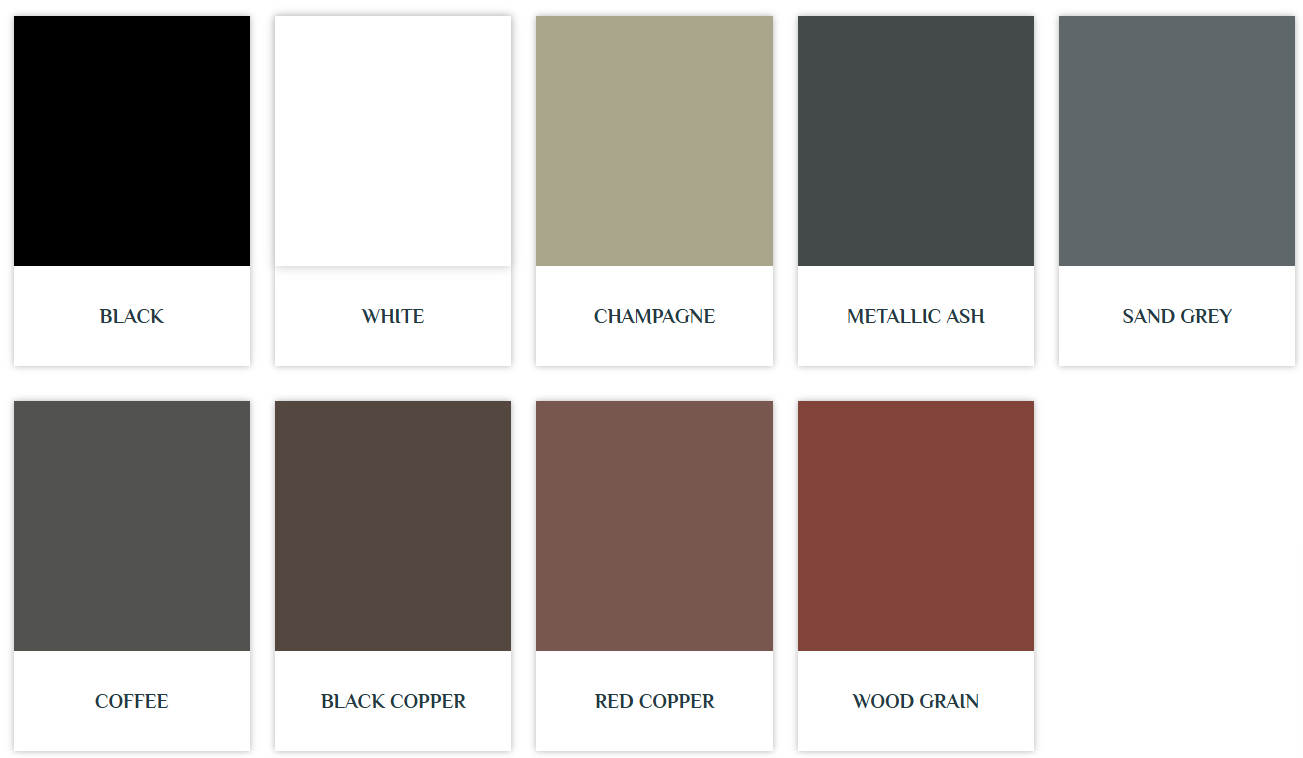 Eight colour swatches for Insect Screens for Doors: Black, White, Champagne, Metallic Ash, Sand Grey, Coffee, Copper tones, and Wood Grain.